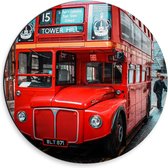 Dibond Wandcirkel - Rode Bus in Londen - 30x30cm Foto op Aluminium Wandcirkel (met ophangsysteem)