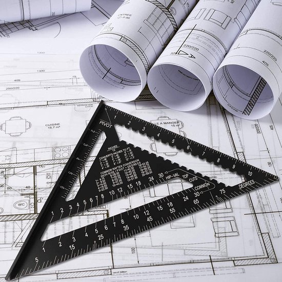 Omnium - Carré - Driehoek métrique - Speed Square - Crochet d'écriture - Crochet de bloc - Crochet à onglet - Triangle de mesure 5 en 1 - Zwart