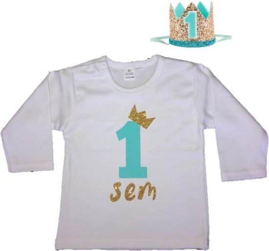 Jongens shirt, verjaardag t-shirt, eigen naam, haarkroon, mint/goud, 1 jaar, jarig kind, kinder t-shirt, verjaardag outfit