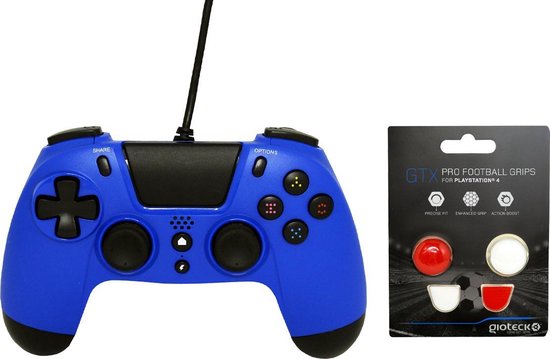 Gioteck PS4 Wired Controller 3.5mm Jack Plug Blauw Bundel met thumbgrips (Rood, Wit) joystick bescherming
