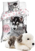 Dekbedovertrek Husky Puppy met Kitten, hond en kat, 140x200cm-1persoons , incl. Pluche knuffel hond grijs / wit 20cm