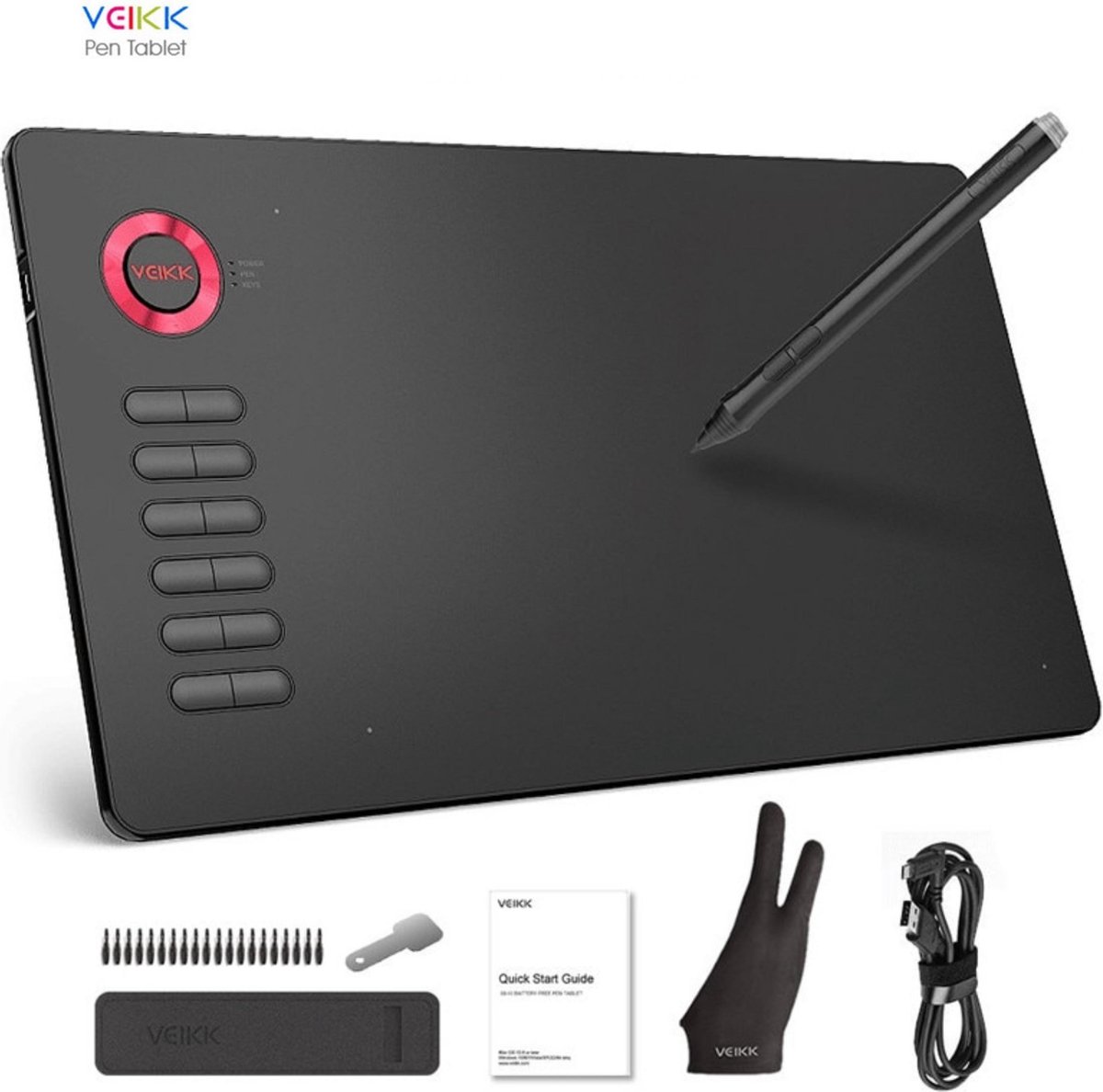 Tekentablet Veikk A15 - 10x6 inch - 5080 Lpi - grafische XL teken tablet - Batterij vrije pen - 12 sneltoetsen - Gratis tekenhandschoen