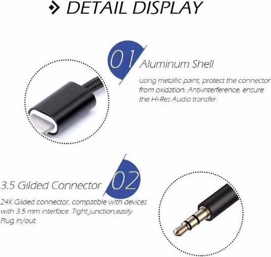 Detailweergave van een aluminium behuizing en een 24K vergulde 3,5 mm connector.