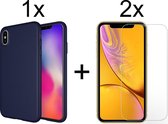 iPhone x hoesje donker blauw - iPhone xs hoesje blauw - iPhone 10 hoesje blauw siliconen case hoes cover hoesjes - 2x iPhone X/XS Screenprotector Screen Protector