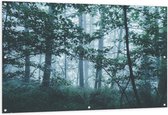 Tuinposter – Mistig Bos vol Bomen - 150x100cm Foto op Tuinposter  (wanddecoratie voor buiten en binnen)