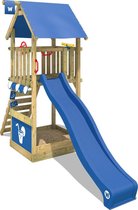 WICKEY Speeltoestel voor tuin Smart Club met blauwe glijbaan, Houten speeltuig, Speeltoren voor buiten met zandbak en klimladder voor kinderen