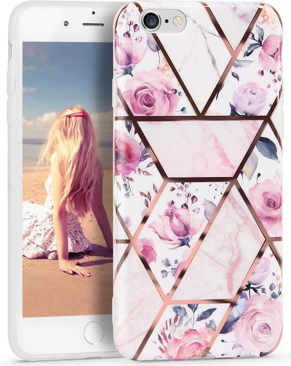 Geschikt voor Apple iPhone 7 - 8 - Wit - Roze - Marmer - Bloemen - Soft TPU