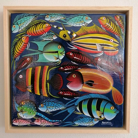 Wanddecoratie - Woonkamer - Ocean Wonders - Handgeschilderd - in houten baklijst - 30x30cm - Tanzania - vissen - dieren