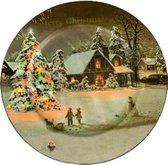 Kerst Decoratie Bord Huisje Met Kerstboom - Multicolor - Kunststof - Ø33cm - kerstmis - Merry Christmas