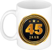 45 jaar jubileum/ verjaardag mok medaille/ embleem zwart goud - Cadeau beker verjaardag, jubileum, 45 jaar in dienst