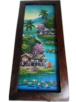 Schilderij op hout oud Thais landschap dorp aan de rivier hutten en bomen lengte 57 cm breedte 28 cm.