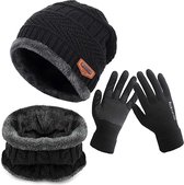 Geweo Hat Snood Gants Set - Bonnet chaud tricoté Baggy - Bonnet d'hiver doublé en laine - Unisexe - Cadeau de Noël - Zwart