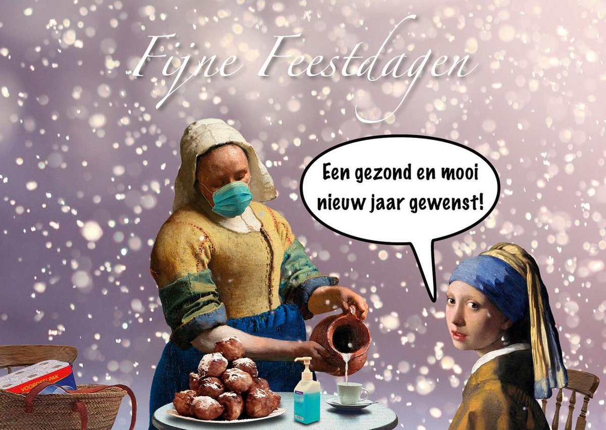 Grappige Nieuwjaarskaart Corona / Covid Vermeer Set van 8 postkaarten corona...