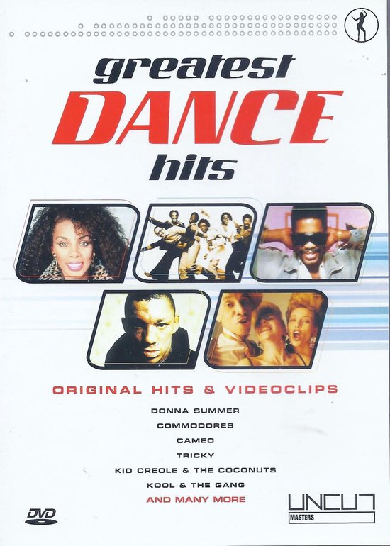DVD hoes met de titel 'Greatest Dance Hits'. Bevat collage van artiesten als Donna Summer, Kool & The Gang, Cameo, Tricky.