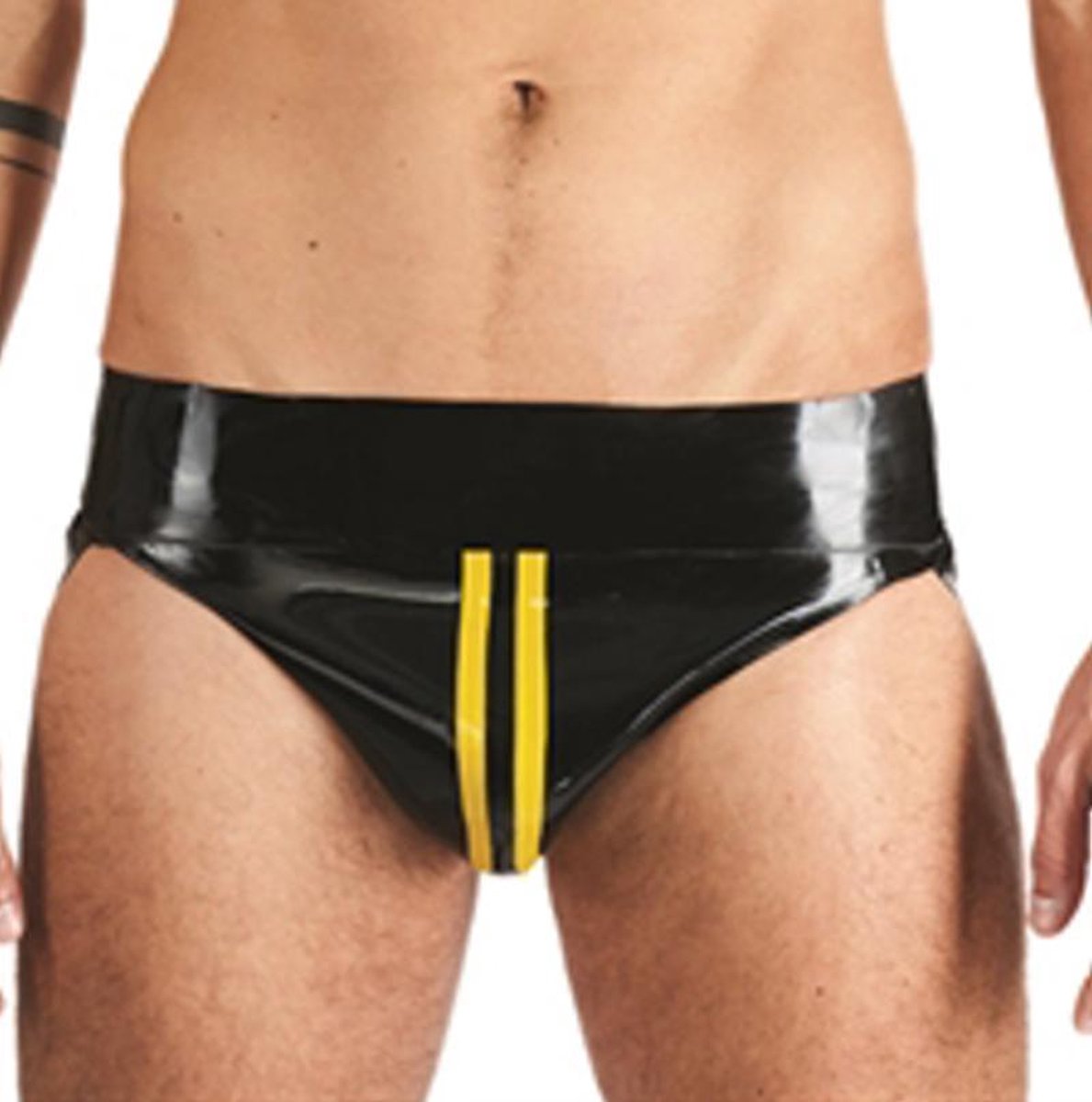 Mister B Rubber Jock Strap Zwart met gele streep - large