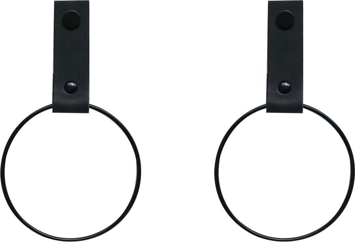 SETPRIJS! 2x Leren Handdoekring | ZWART - maat S (handdoekhanger - handdoekhaakje)
