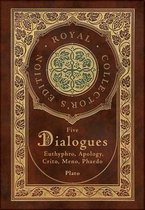 Bruine kaft van boek met gouden versiering en de titel 'Five Dialogues' van Plato.