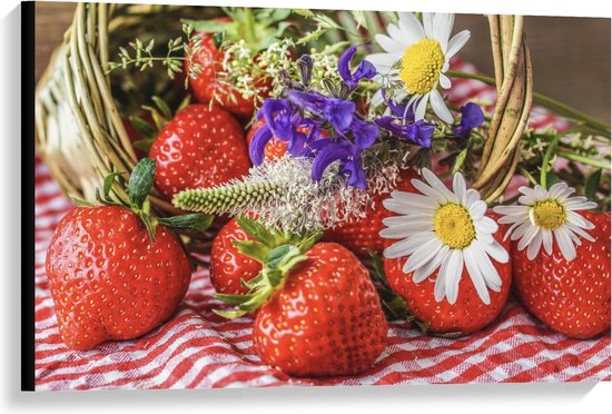 Canvas - Rode Aardbeien met Bloemen - Foto op Canvas Schilderij (Wanddecoratie op Canvas)