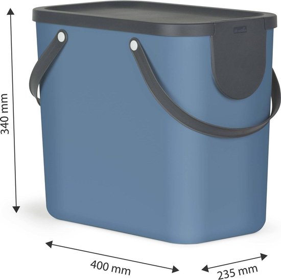 Blauwe afvalbak van 25L met donkergrijs deksel en handvatten. Afmetingen: 400x235x340 mm.