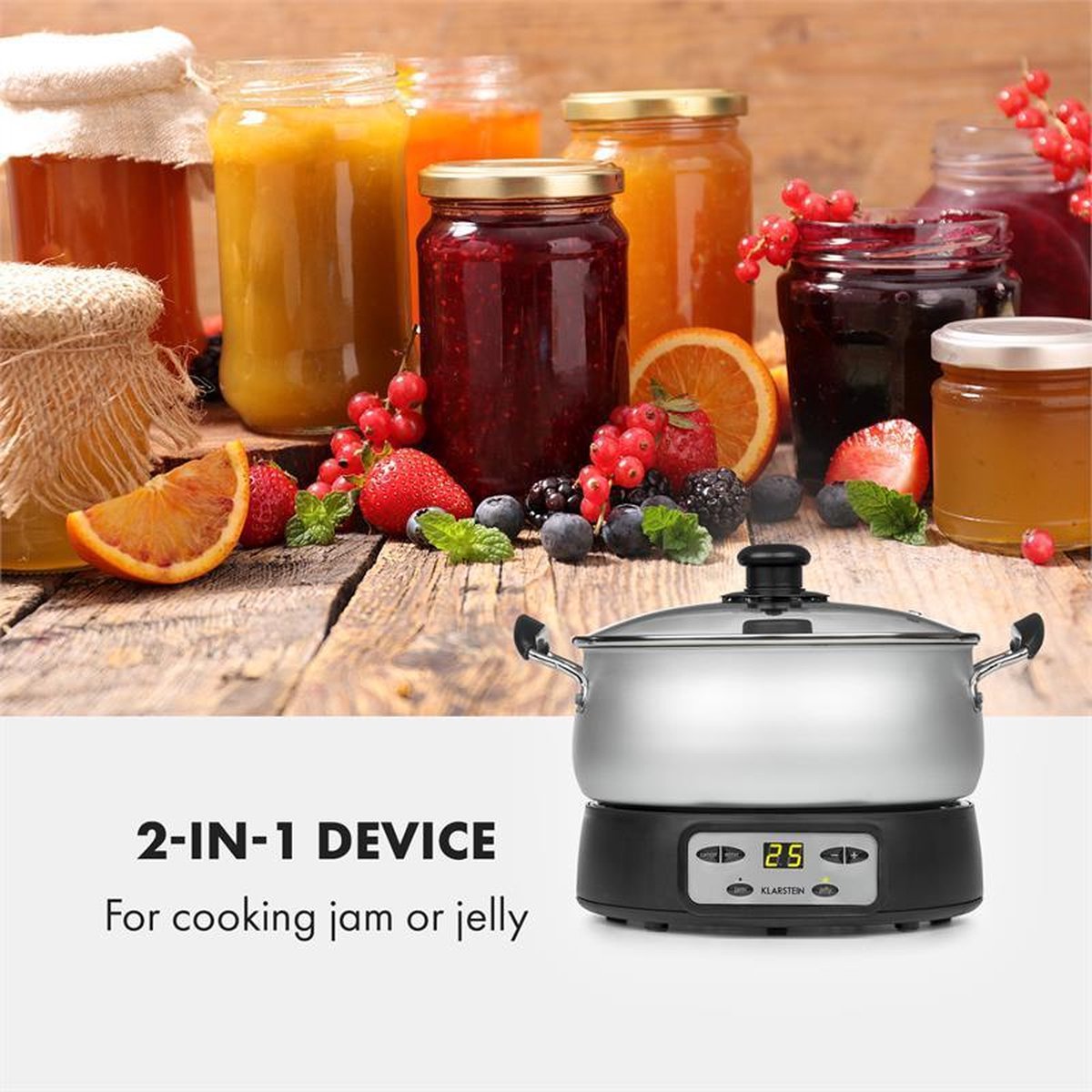 Klarstein Jam Session jam- en geleikoker, 1000 W, 2 automatische programma's, instelbare kooktijd, automatische roerder, gecoate binnenpan, vaatwasmachinebestendige pan, inhoud van 3 liter