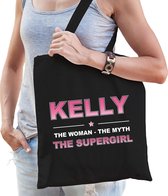 Naam cadeau Kelly - The woman, The myth the supergirl katoenen tas - Boodschappentas verjaardag/ moeder/ collega/ vriendin