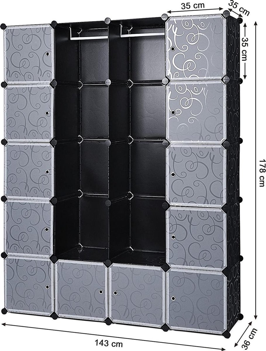 JOIEYOU Wardrobe, Wardrobe, Plastic Wardrobe, DIY Wardrobe, 12 Cubes, Shelf System, Bedroom Cupboard, Black, 105 x 35 x 140 cm