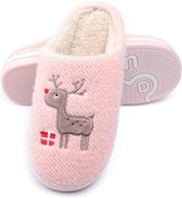 Geweo Home Sloffen - Pantoffels Dames - Open Sloffen - Leuk rendier - Kerst Geschenk - Kerstmis - Kerstfeest - Christmas Gift  - Roze - Maat 37/38