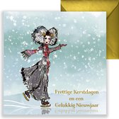 Kerstkaarten - 5 luxe kerstkaart - met gouden envelop - Zeeuws meisje - schaatsen - kerst