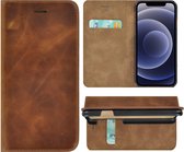 iPhone 12 Pro Max hoesje - Bookcase - Portemonnee Hoes Ultra dun Echt leer Wallet case Cognac Bruin