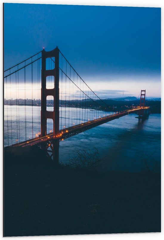 Dibond - Golden Gate Bridge in het Donker - 60x90cm Foto op Aluminium (Wanddecoratie van metaal)