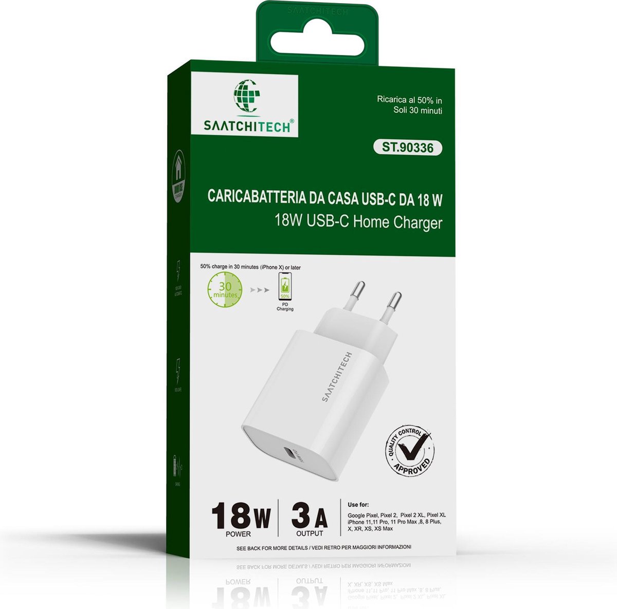 Saatchitech Ultra Fast Oplaadadapter USBC Adapter 3.0A/18W