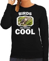 Dieren vogels sweater zwart dames - birds are serious cool trui - cadeau sweater havik roofvogel/ vogels liefhebber 2XL