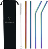 DRINKONLOVE - COMFY RAINBOW - Rietjes RVS - Regenboog - 26 cm - Set van 2 gebogen en 2 rechte rietjes met 4 siliconen mondstukjes en borsteltje