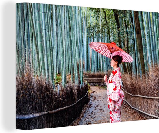 Canvas Schilderij Bamboe - Vrouwen - Paraplu - 120x80 cm - Wanddecoratie