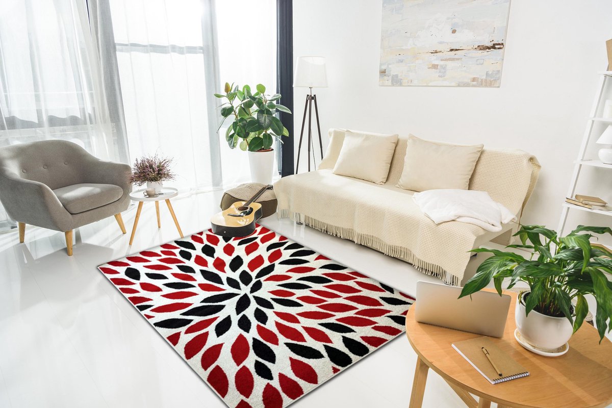 Aledin Carpets Coari - Laagpolig - Vloerkleed 160x230cm - Rood/Wit/Grijs - Tapijt woonkamer