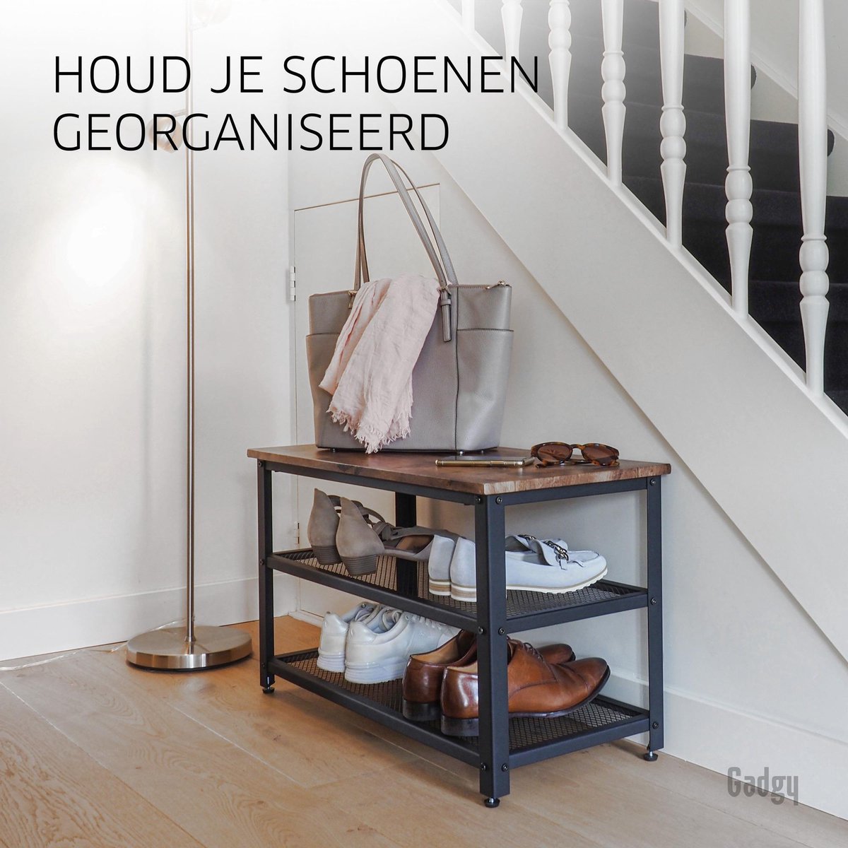 Kledingwinkel Nette rails Houten schoenenopbergbank met zitje, schoenenrek met 1 lade en 2-laags schoenenrek, stevige en comfortabele schoenenopberger met kussens met zitje voor en