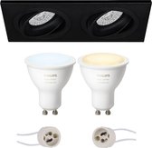 Pragmi Borny Pro - Inbouw Rechthoek Dubbel - Mat Zwart - Kantelbaar - 175x92mm - Philips Hue - LED Spot Set GU10 - White Ambiance - Bluetooth - BES LED