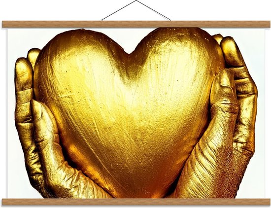 Schoolplaat – Gouden Handen rondom Hart - 90x60cm Foto op Textielposter (Wanddecoratie op Schoolplaat)