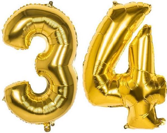 34 Jaar Folie Ballonnen Goud - Happy Birthday - Foil Balloon - Versiering - Verjaardag - Man / Vrouw - Feest - Inclusief Opblaas Stokje & Clip - XXL - 115 cm
