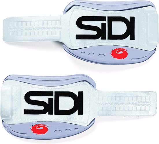 Twee witte SIDI Soft Instep 2 sluitsystemen met zwarte logo's en rode logo's.