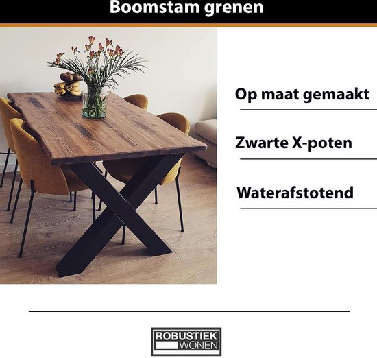 Boomstamtafel - Eettafel Boomstam effect - Tafelpoten Metaal Zwart X - 180x90