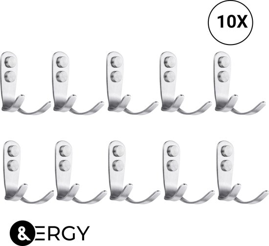 &ERGY RVS dubbele ophanghaken met schroef | 10 stuks | Handdoekhaakjes | Wandhaak | Schroeven assortiment | Handdoekhaakjes | Ophanghaken | Handdoekklem