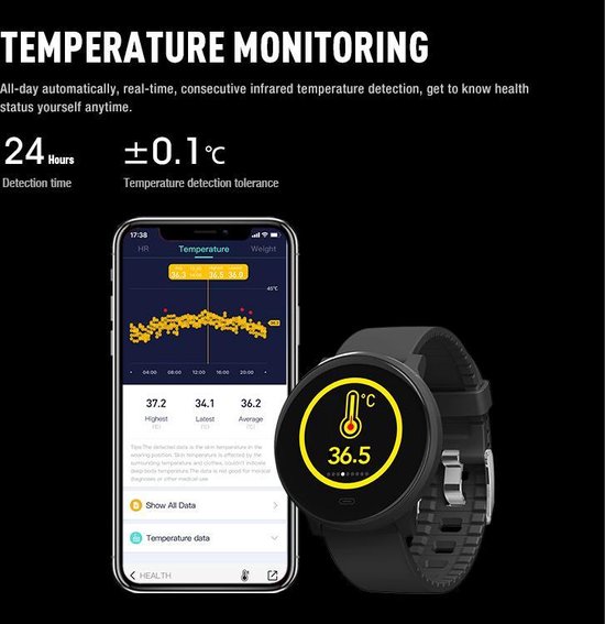Stappenteller - Rond - Activity Tracker - Temperatuurmeter - Hartslagmeter - Bloeddrukmeter - Smartwatch - Bluetooth - Horloge - Heren - Dames - J&D supplies