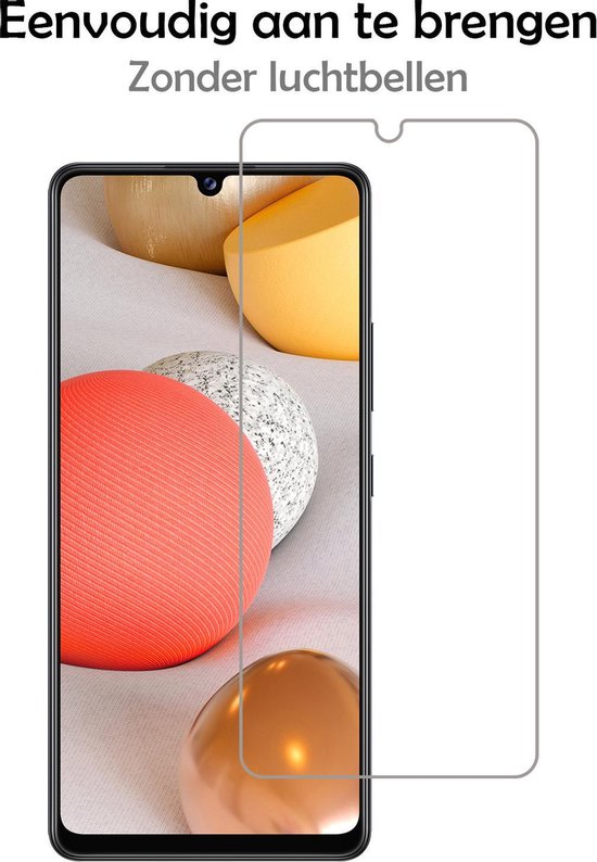 Zwarte telefoonhoes en een screenprotector ernaast, met de tekst 'Eenvoudig aan te brengen zonder luchtbellen'.