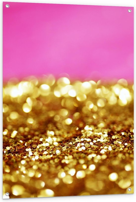 Tuinposter – Gouden Glitters op Roze Achtergrond - 80x120cm Foto op Tuinposter  (wanddecoratie voor buiten en binnen)