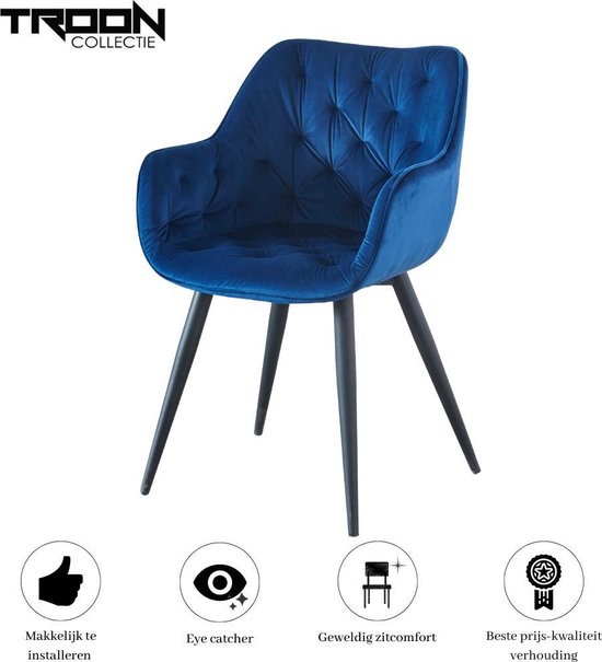 Eetkamerstoel blauw velvet - Troon Collectie - Blauw - Nieuwe kleur - Comfortabele gecapitonneerde eetkamerstoelen - Velvet stoel - Met armleuning - Troon Collectie - model Maxima - Zwarte poten - Troon Collectie