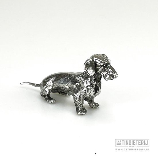 Beeldje Teckel - zittend - Ruwharige Teckel - Tin - miniatuur teckel - Cadeau teckel - Unieke Hondenbeeldjes - Teckel beeld