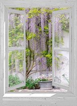 Tuinposter - 95x130 cm - doorkijk - wit venster blauwe regen groene gieter - tuindecoratie - tuindoek - tuin decoratie - tuinposters buiten - tuinschilderij