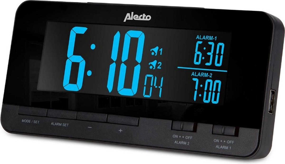 Alecto AK-60 Digitale wekker met temperatuur en 2 USB aansluitingen