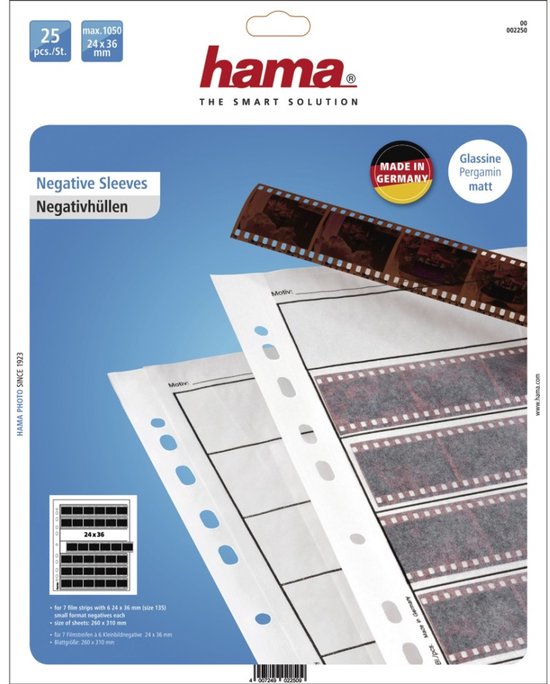 Hama negatiefhoezen voor 7 filmstrips, 24 x 36 mm, van mat perkament, 25 stuks.